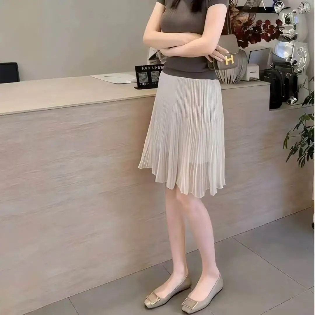 Women Chiffon Pleated Skirts Solid Elegant Elastic Waist Korean with Lining A Line Skirts Ladies Office Skirt Womens Clothing