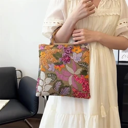 Bamboo Handle Embroidery Shopping Bag Retro Ladies Lace Weaving Tote Colorful Sequins Cotton Linen Woven Handbag with Inner Bags