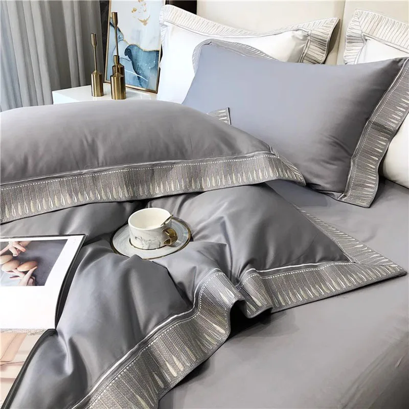 2024 High-end Light Luxury Style Long-staple Cotton Four-piece Set Pure Cotton New Sate Embroidery Quilt Set Bedding Gray Color