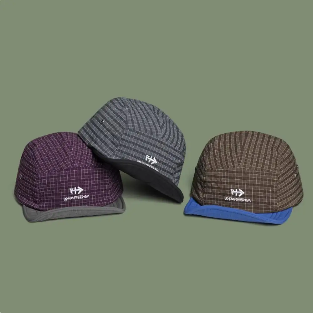 5 Panel Baseball Cap Short Brim Retro Embroidery Letter Plaid Hat for Men Women Streetwear Casual Outdoor Adjustable Cap