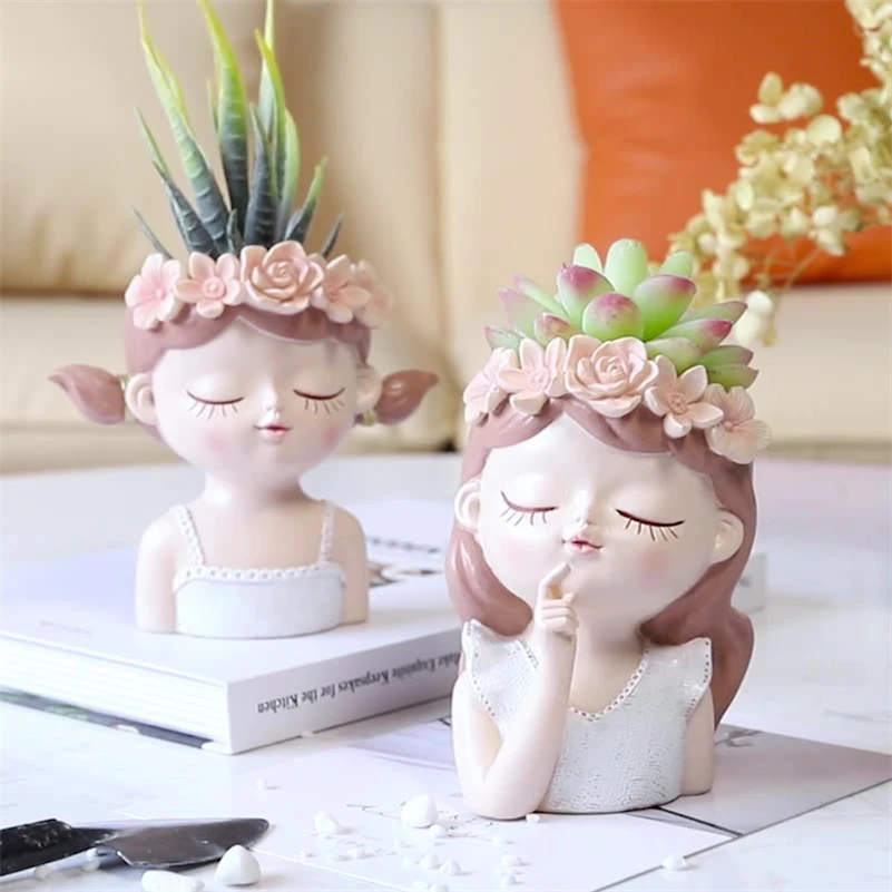 

Fairy Genius Statue Head Sculpture Flower Vase Pot Resin Human Statue Ornament for Home Decoration