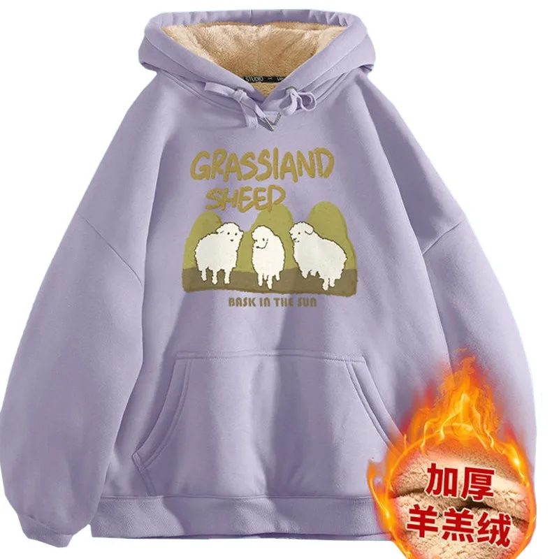 Cartoon Animal Happy Sheep Dolphins Printing Sweatshirt Keep Warm Casual Purple Pullover Composite Velvet Winter Women's Hoodie