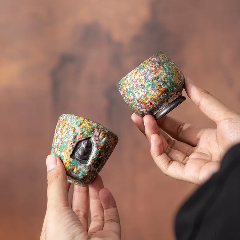 Rock Mineral Particle Ceramic Tea Cup Monet Color Series Chinese Retro Master  Home Kungfu  Set Single  Personal