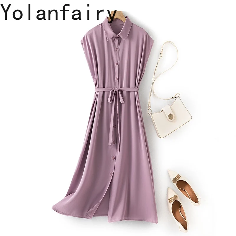 

YOLANFAIRY 93% Mulberry Silk Dress Summer 2025 Hot-selling Elegant Women's Dresses Lace-up Fashion Short Sleeve Shirtdress Woman