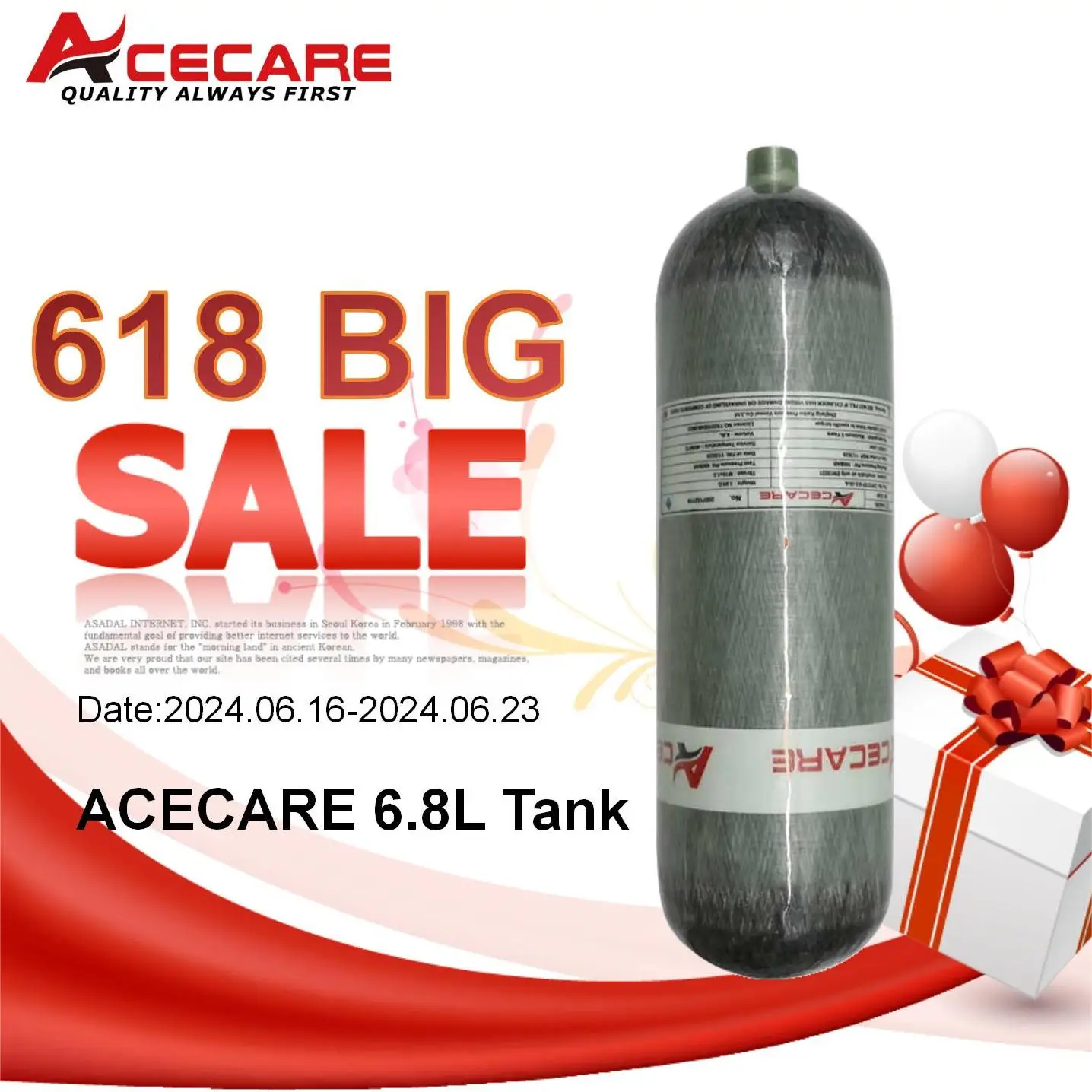 

ACECARE 30Mpa 300Bar 4500Psi 6.8L CE High Pressure Carbon Fiber Cylinder Air Tank For Scuba Diving M18*1.5 Threading