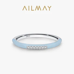 Ailmay 925 Sterling Silver Simple Blue Enamel Stackable Cubic Zirconia Finger Ring For Women Romantic Wedding Engagement Jewelry