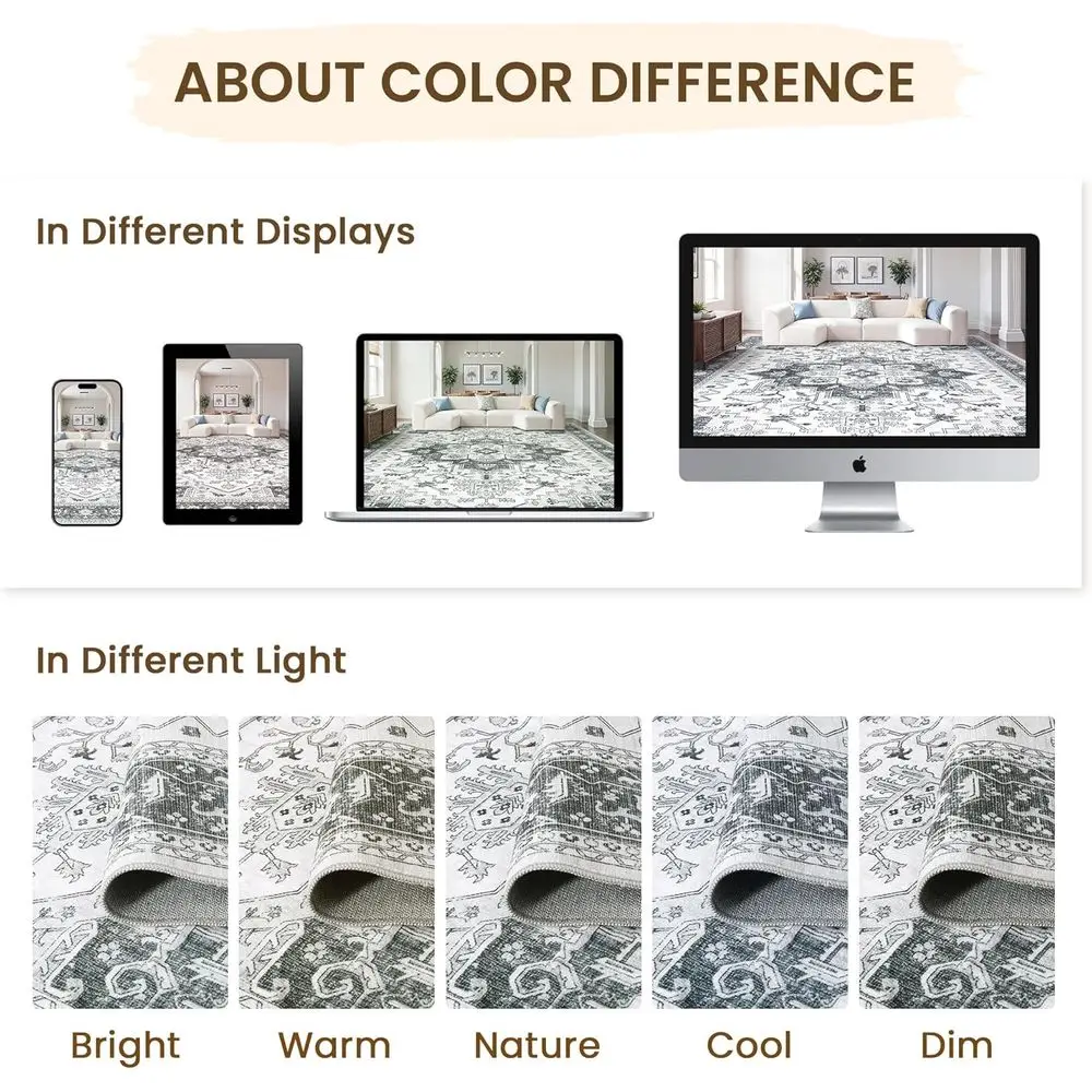 Grey 8x10 Stain-Resistant, Washable Neutral Rug for Living Room & Bedroom, Vintage Style, Non-Slip Large Area Rug