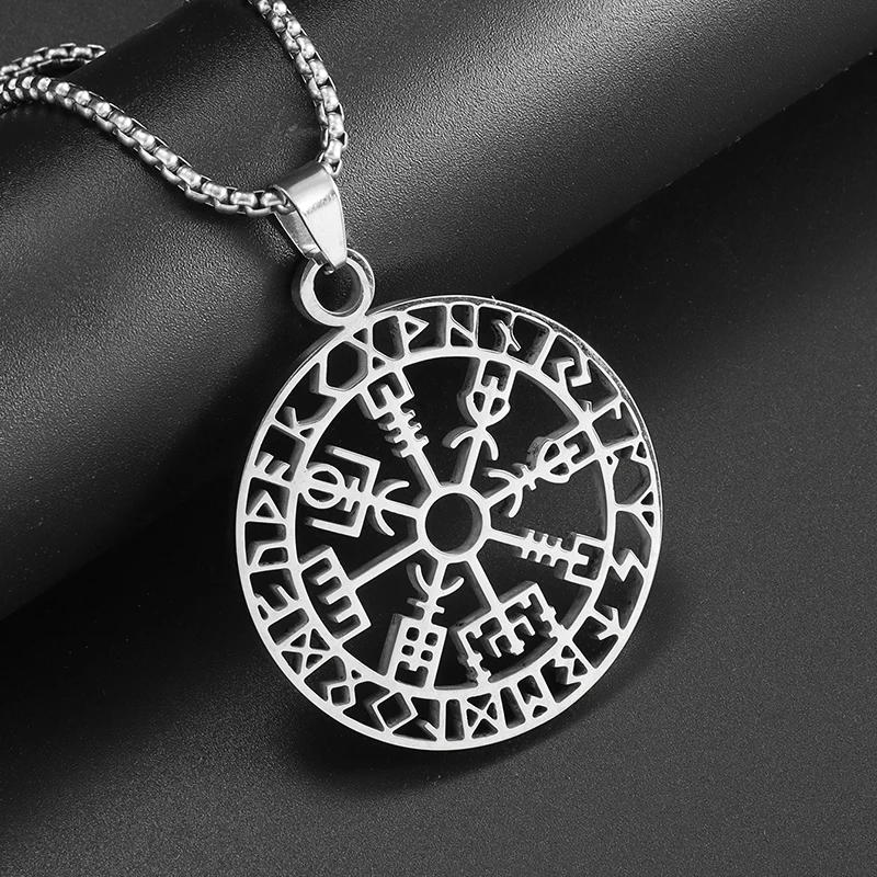 Stainless Steel Vintage Rune Compass Necklace Round Pendant for Men Fashion Trend Amulet Nordic Jewelry