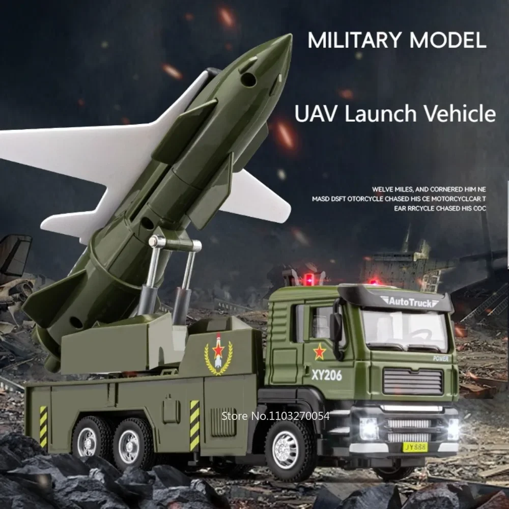 1/32 uav drone lançamento veículo modelo brinquedos carro liga diecast carro militar som luz puxar para trás alta simulação brinquedos presentes do feriado