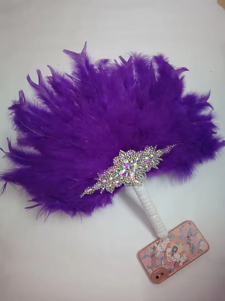 

1pcs Handmade African Turkey Feather Hand Fan Black Handfan for Dance Wedding Decoration Fan with Handmade Stones Customized Fan