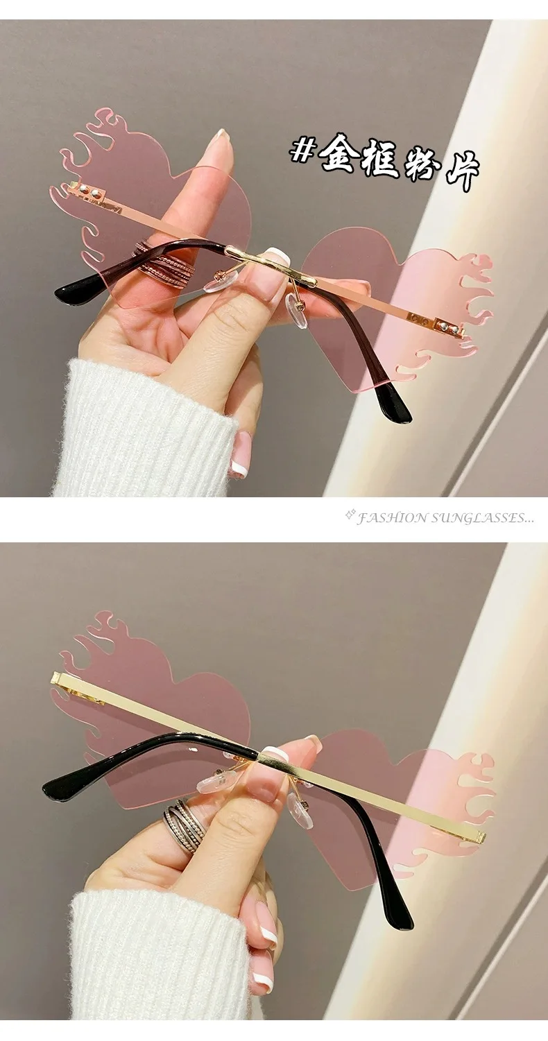 Neue Randlose Herz-Sonnenbrille mit Metallrahmen für Damen und Herren, Flammen-Sonnenbrillen für Frauen und Männer, Party- und Reisebrillen – Detail 12