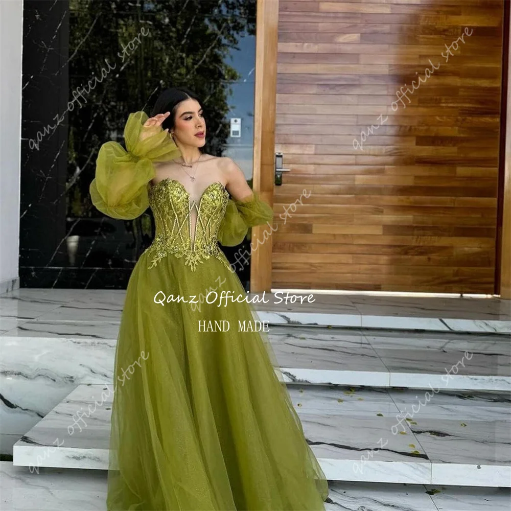 Qanz Tulle Formal Occasion Dresses Long A Line Puff Sleeves Robe De Soirée Luxe élégante 2024 Appliques Evening Dress Customized