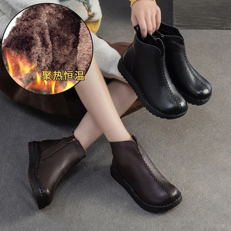 

Birkuir Retro Snow Boots For Women Retro Short Boots Plush Inner Zippers Platfrom Shoes Genuine Leather Handmade Ankle Boots
