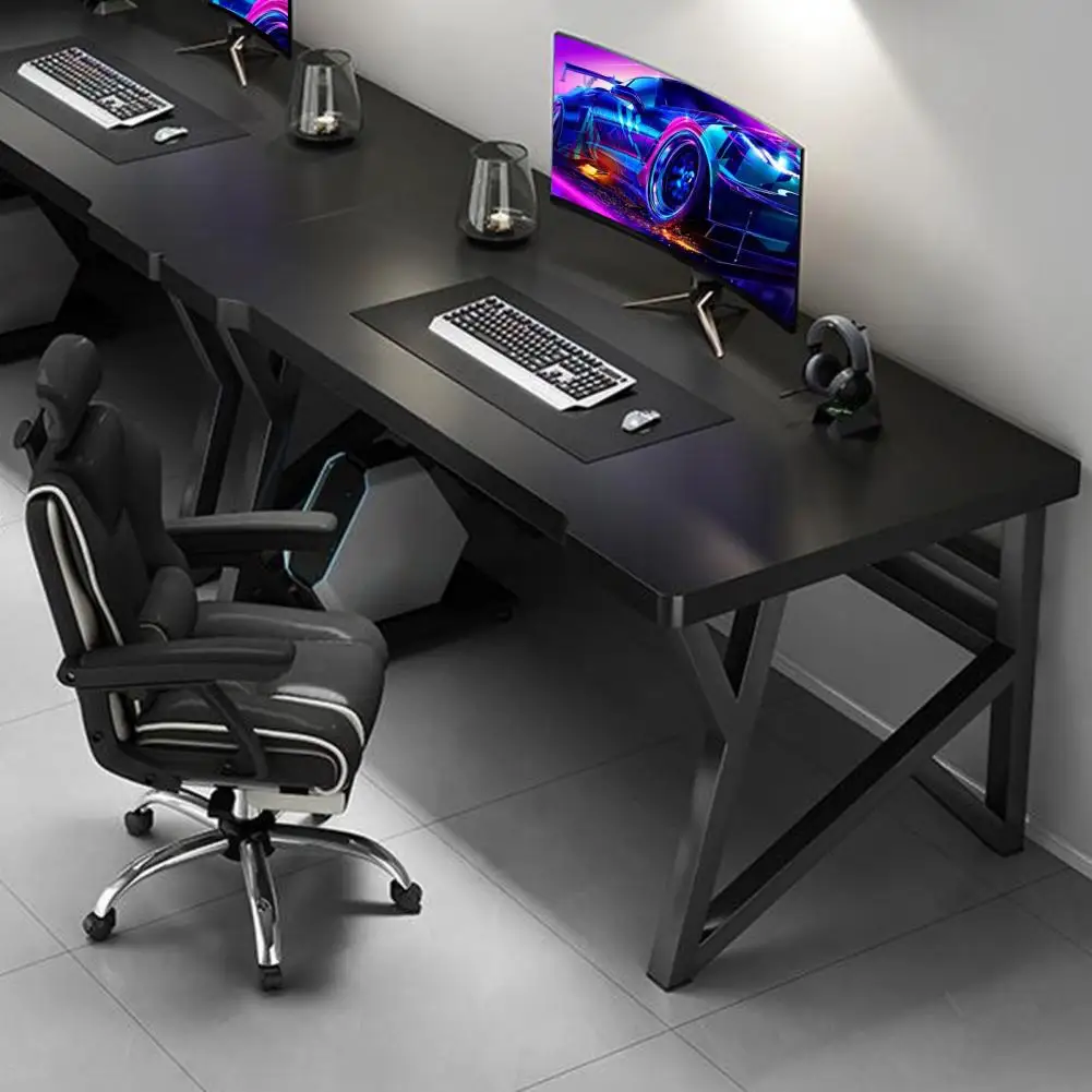 K-Shaped Steel Leg Gaming Desk - Modern Black Computer Table for Home Office with Cable Management Hole, Heavy-Duty Metal Design