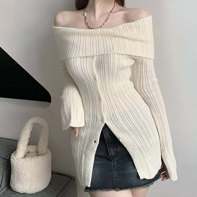 Sweater One-Piece Collar Button Solid Color Sexy Elegant Long Sleeve Casual Women'S Korean Fashion Retro Y2k Knitted Sweater