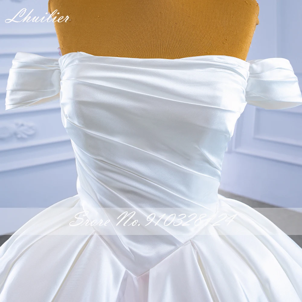 Lhuilier-vestido de novia personalizado con cuello barco, vestidos de novia de satén hasta el suelo, vestido de novia con cuentas de perlas y cola de corte