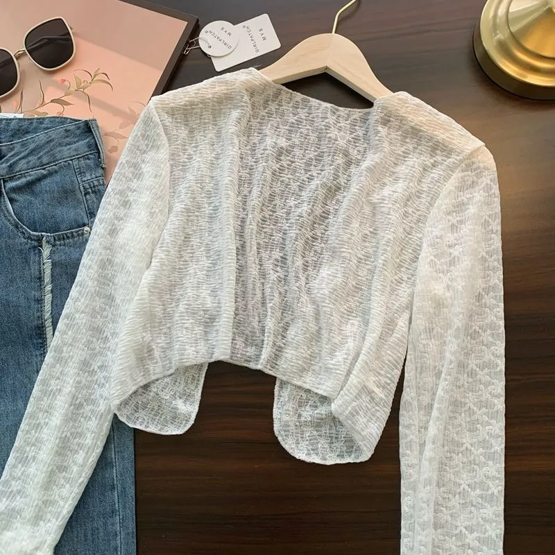 Ice Silk Sun Protection Light Weight Lace Short Cardigan Women's Summer Outerwear with Strap Vest Top Cover up Coat