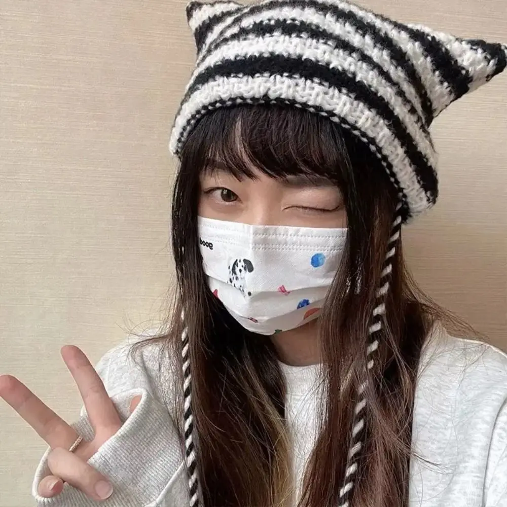 هدية Y2K الحياكة مخطط قبعة صغيرة لطيف الصوف آذان القط وأشار البلوز القبعات محبوك قبعات الصوف الخريف الشتاء #5