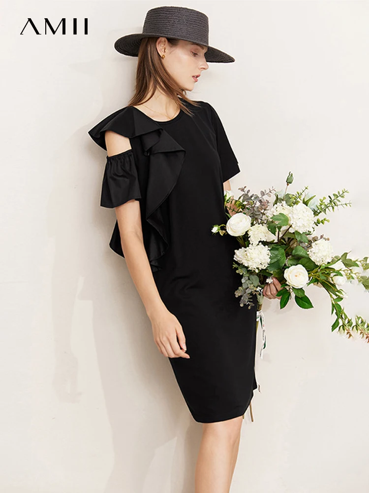 

AMII Minimalism Women's Dress Black Ruffles Hollow Out Short Sleeve 2023 Summer New Mini Dresses O Neck Female Vestidos 12342276