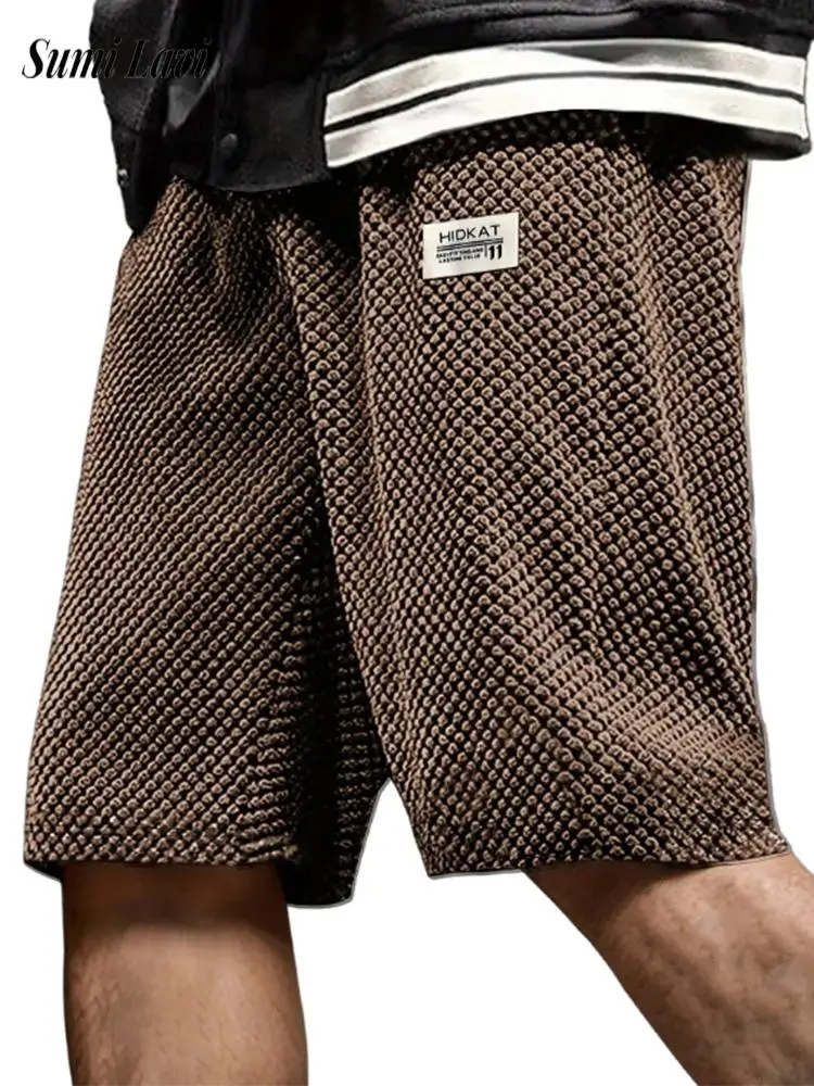 

Daily Leisure Mens Drawstring Shorts Spring Summer Casual Textured Bottoms Men Vacation Beach Vintage Loose Straight Shorts 5XL