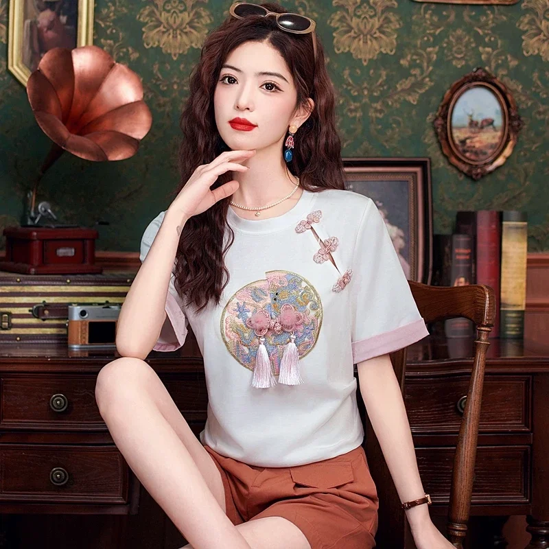Cotton Chinese Style Women's T-shirt Summer Embroidery Tees Short Sleeve Loose Women Tops O-neck Vintage Clothing 2024 Korean