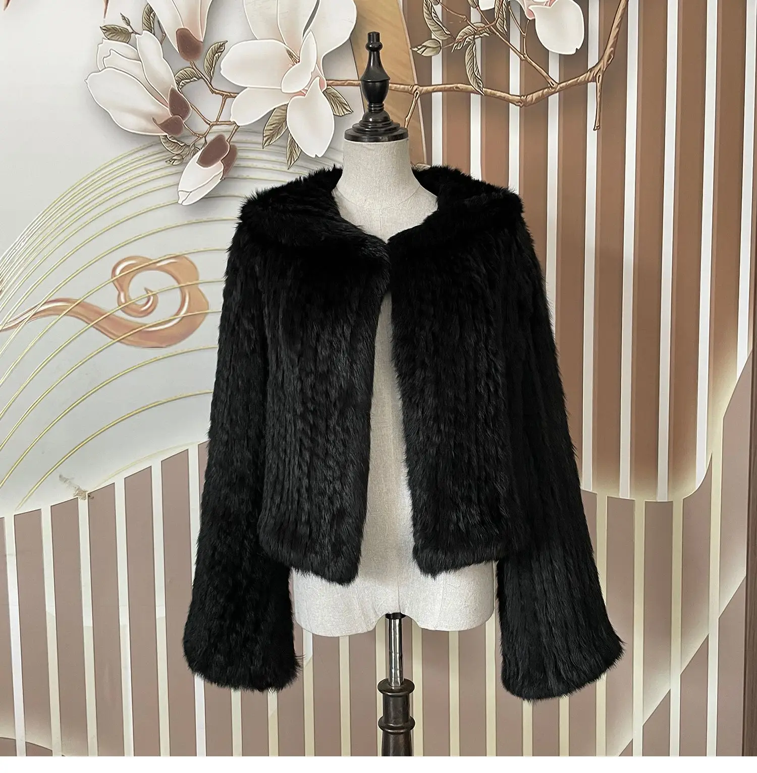 Long Sleeve Casual Loose Knitted Real Rabbit Fur Hooded Coat Women Genuine Natural Rabbit Fur Outwear Female Fur Jacket