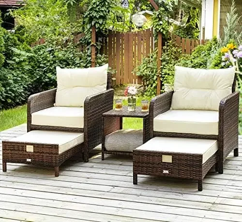 5 Pieces Patio Furniture Set, Rattan Balcony Furniture with Ottomans, PE Wicker Outdoor Patio Chairs Set with Coffee