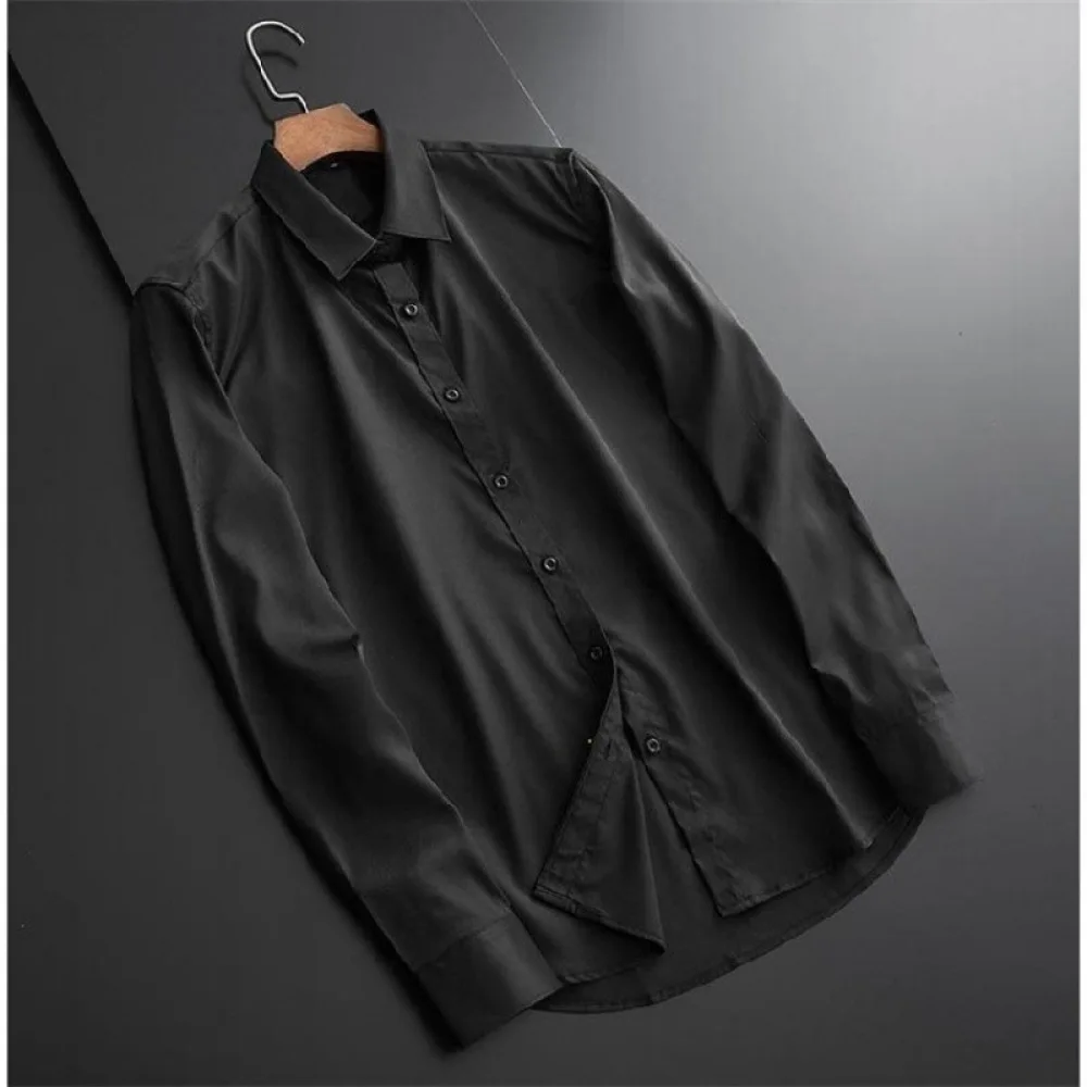 Premium Mens Long Sleeve Printed Shirt Silk Fabric Slim Fit Business Formal Office Party Casual Fashion Dressy Shirts