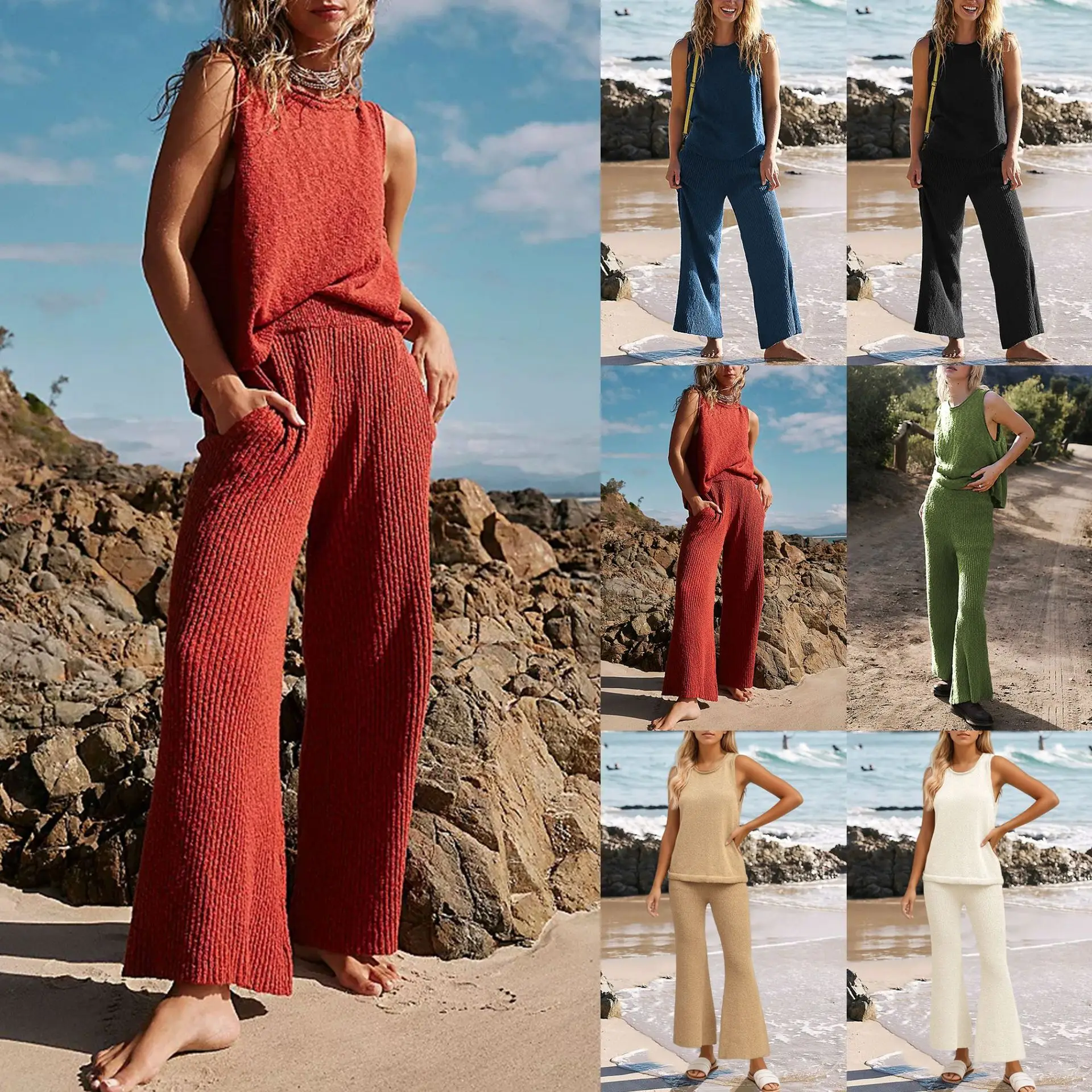

"Women's Summer Two Piece Set - Sleeveless Knit Vest & High Waist Wide Leg Pants Casual Outfit Elastic Waist Lounge Set"