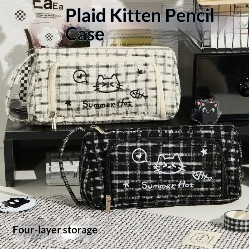 Image of Großes Fassungsvermögen Niedliches Cartoon-Katzen-Stickerei Federmäppchen Schüler-Schreibwaren-Aufbewahrungstasche Schulbedarf Stiftetasche