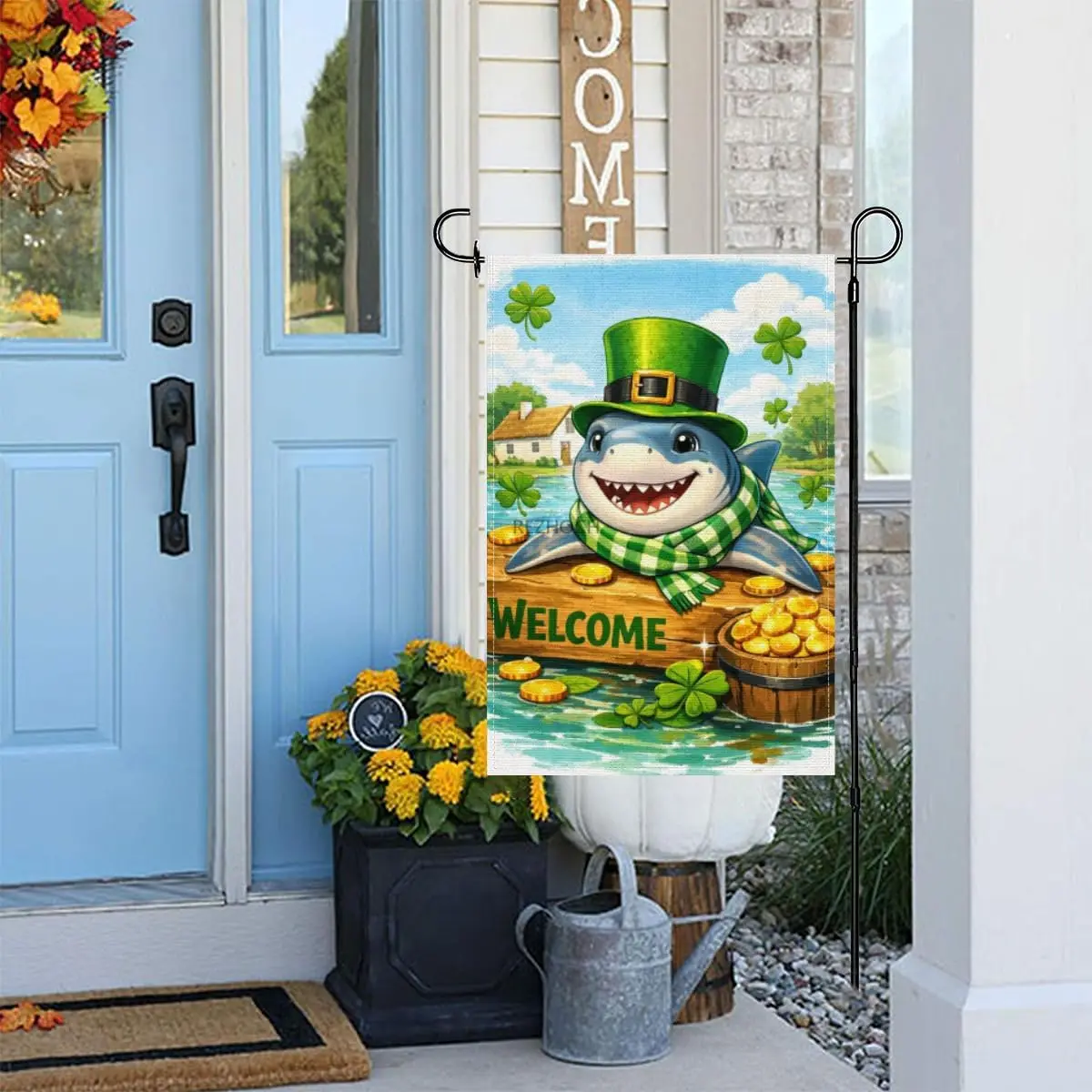 St.Patrick’s Day Fun Shark Garden Flag 12x18Inch,Lucky Irish Animal Welcome Yard Flag,Double Sided Green Clover Gold Coins O ZZM