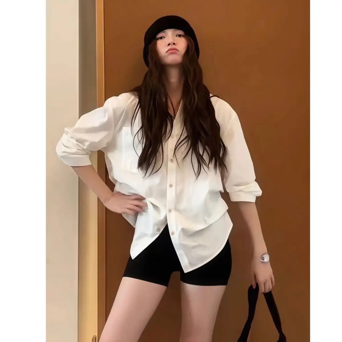 韓国風シックルーズシャツVネックホワイトブラウス女性カジュアルエレガントオフィスレディハーフスリーブブラウス女性夏秋ルーズトップス