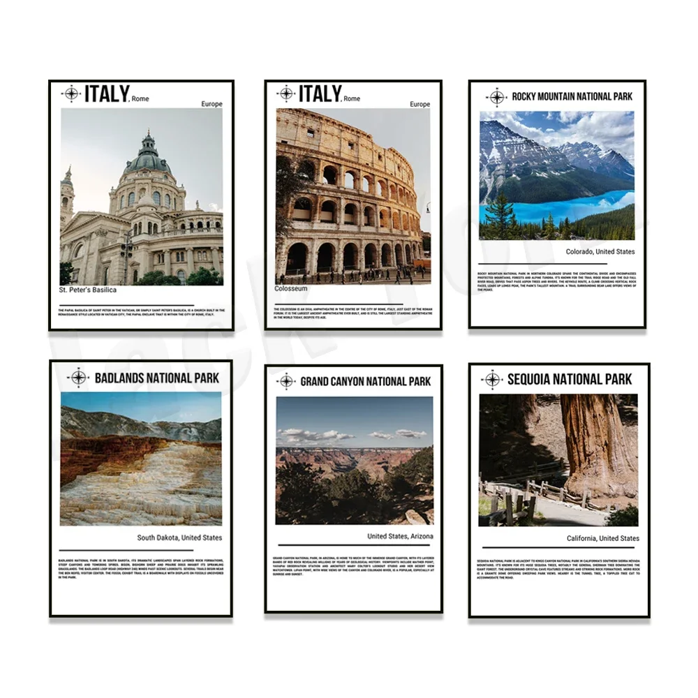 Hawaii volcanoes, Rocky Mountains, Yosemite, Zion, Joshua Tree, Italy, Yellowstone, Monument Valley National Park travel posters
