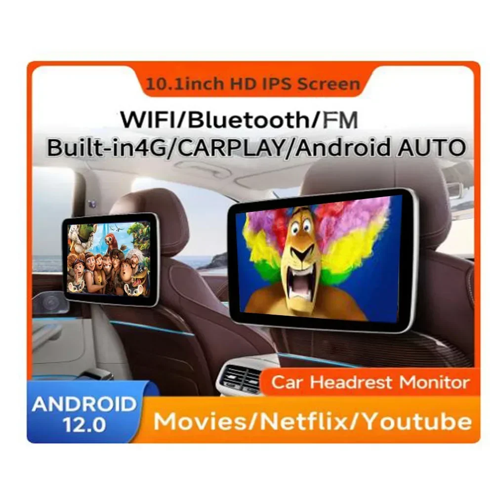 10.1 Inch Full Screen Car Headrest Monitor Play Movie Android 12 2+32G Auto FM WiFi/Bluetooth CARPLAY/Android AUTO for Back Seat