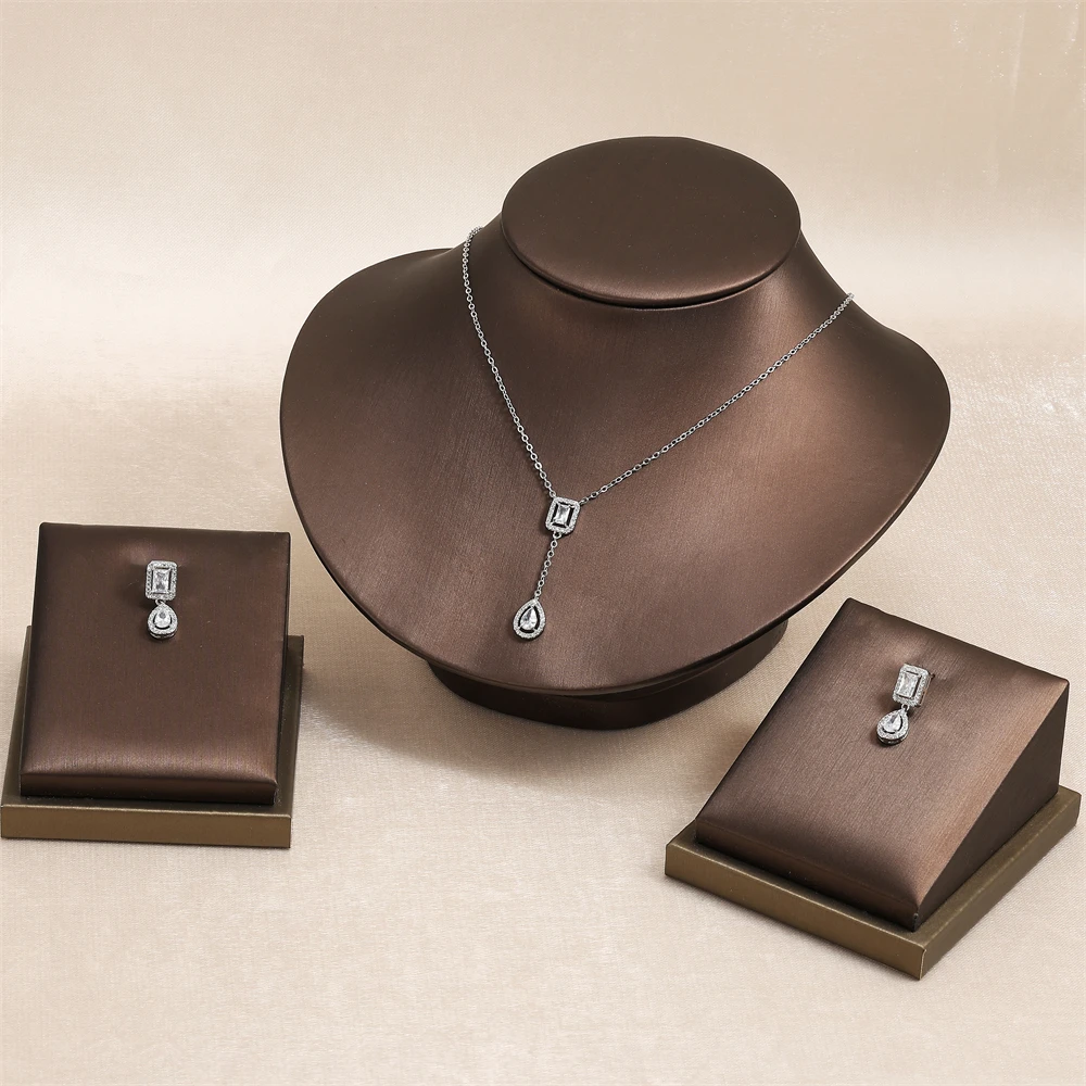 الكلاسيكية مربع قطرة الماء الزركون خاتم قلادة القرط الرائعة لامعة حفل زفاف خطوبة مجوهرات هدايا للنساء #4