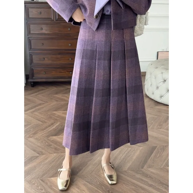 Irabeezt French Style Skirt Set Plaid Loose Casual Coats Tops A-line Young Lady Long Skirts Vintage Two Piece Sets Female Outfit