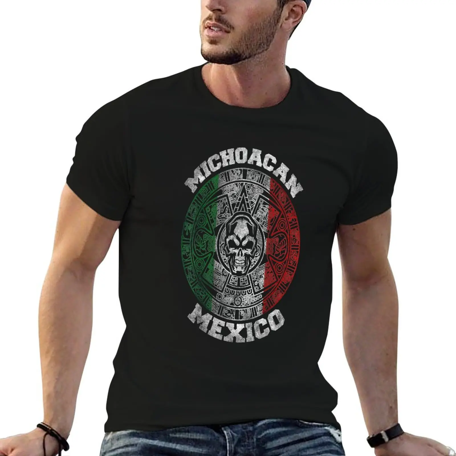 Cráneo del Calendario Azteca Maya de Michoacán. Camiseta con símbolo del orgullo mexicano, camiseta lisa para hombre