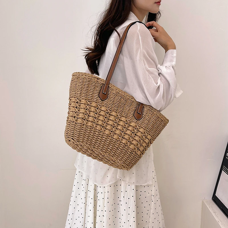 Straw Woven Large Capacity Shoulder Bags Zipper Solid PU Straps Simple Fashion Handbags for Women 2024 Casual Versatile Tote