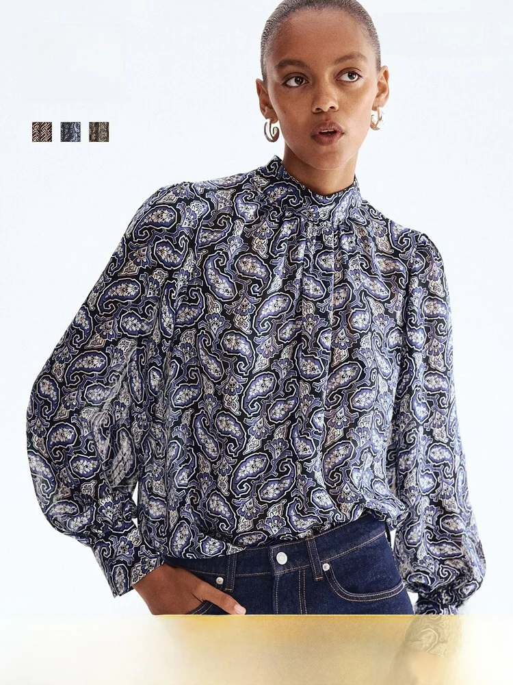

H&M Women's Summer Shirt Stand Collar Long Sleeve Casual Style Polyester Fiber Regular Thickness Print Pattern Fitted Shirt