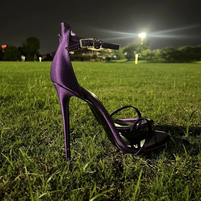 Fashion Woman Sexy  12cm Sandal Ankle Strap High Heels Purple Party Nightclub Show Pointed Toe Slingback Ladies Shoes image 3