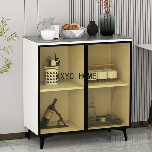 Double Door Storage Organizer Brown Glass Cabinet Household Restaurant Solid Wood Light Luxury Wall Sideboard Cabinet