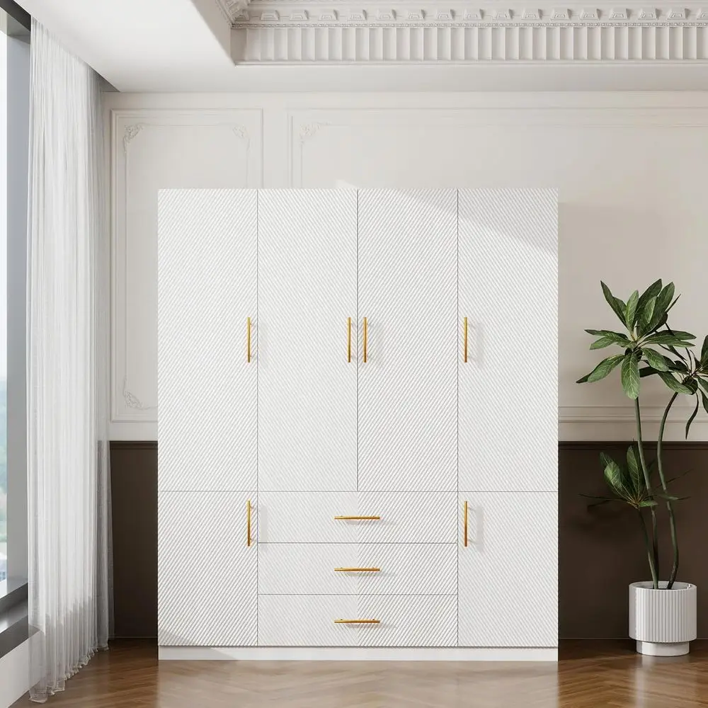 White Wardrobe Closet with Do,3 Ders,Hanging Rods, Metal Handles,Large acity,ern, reestanding Armoire,Ideal or Bedroom 63.0" W x