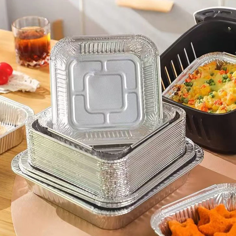 10Pcs 20CM Square Aluminum Foil Pan Non-Stick Oil-proof Air Fryer BBQ Tray Baking Food Containers Kitchen Supplies