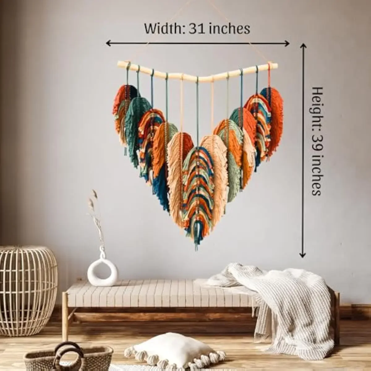Handwoven Macrame Tapestry Art – 31x39 Inch Textured Wall Hanging with Organic Rope, Fringed Edges and Three-Dimensional Knot De