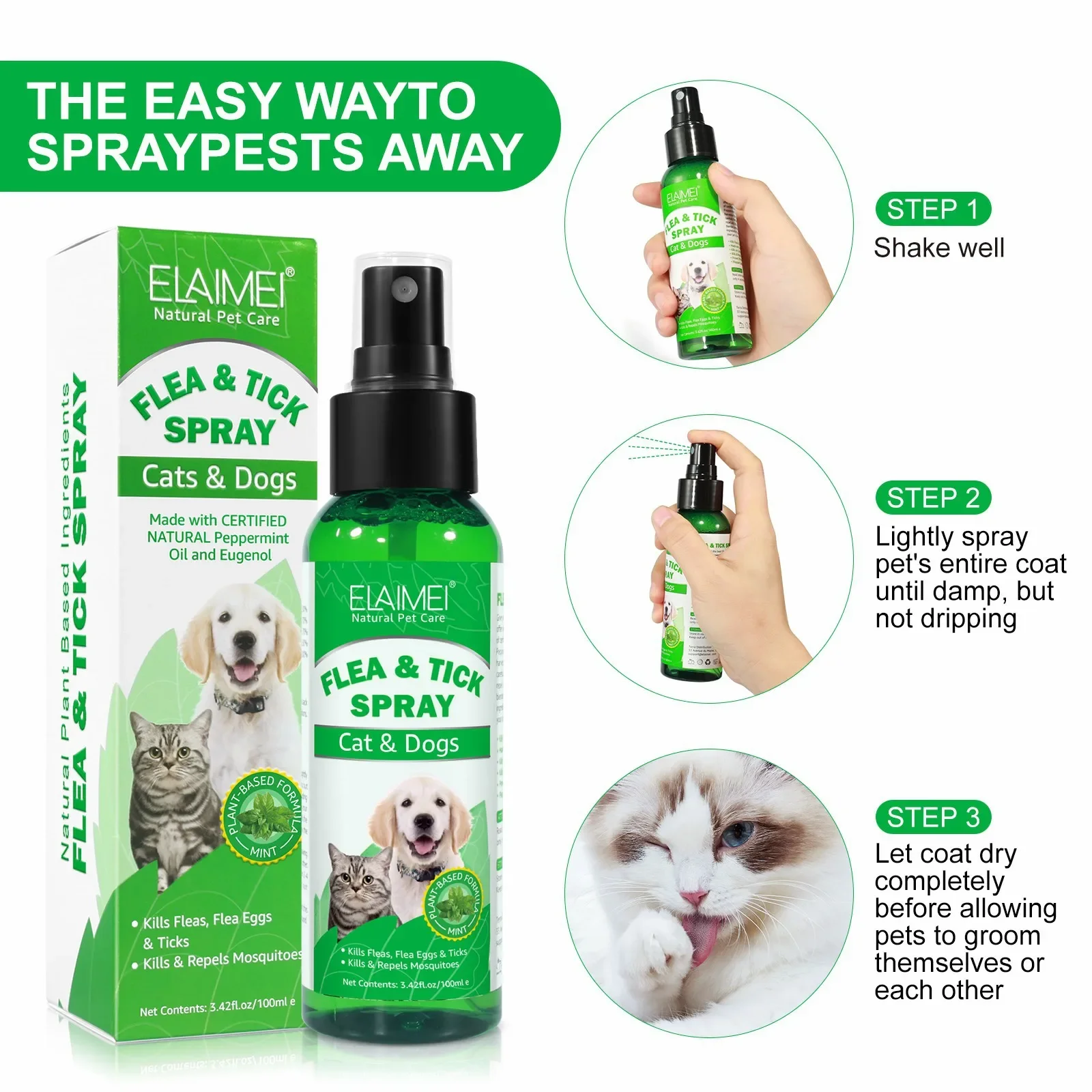 100ml Natural Pet Care Topical Flea&Tick Spray Remover for Dogs&Cats with Fresh Fragrance Peppermint Oil and Eugenol