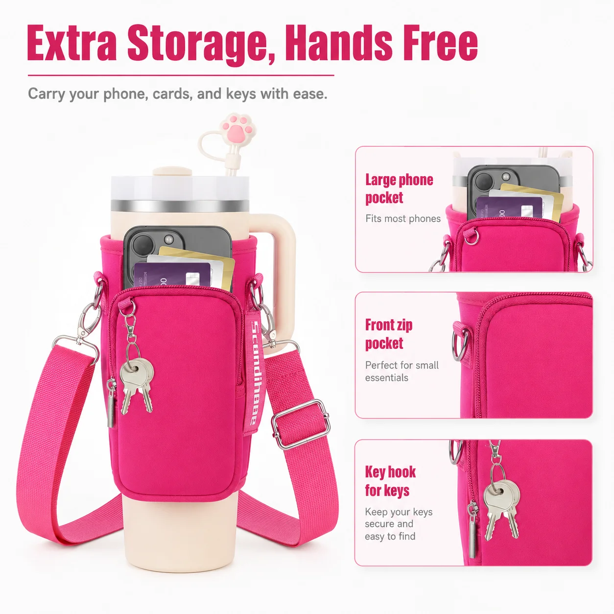 40oz Water Bottle Carrier Bag with Phone Pocket Adjustable Shoulder Strap Tumbler Holder Pouch for Stanley Cup Sleeve view 2
