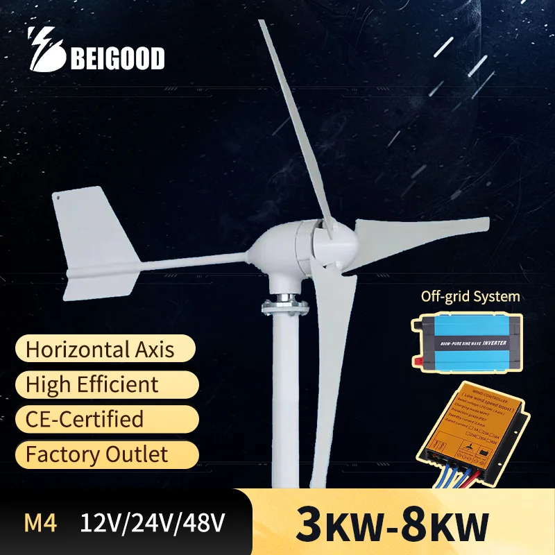 CE-Certified Horizontal Wind Turbine Generator 3KW 5KW 8KW 12V 24V 48V Free Energy Magnetic Dynamo Strong Power 48V With MPPT