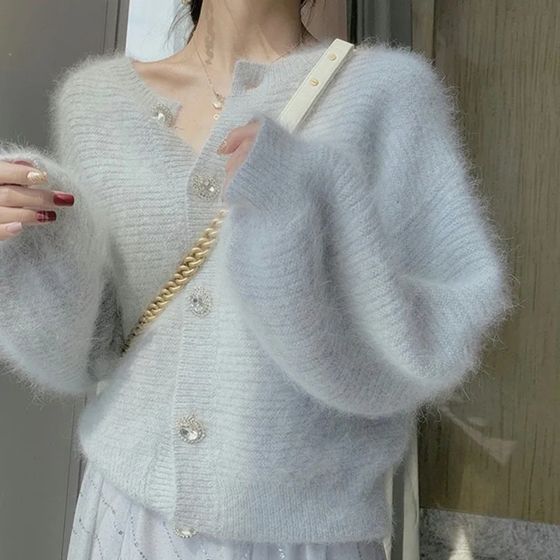 ROENICK Women 2021 New O-Neck Fluffy Cardigan Sweaters Lady Autumn Korean Knitted Tops White Casual Fashion Long Sleeve Knitwear