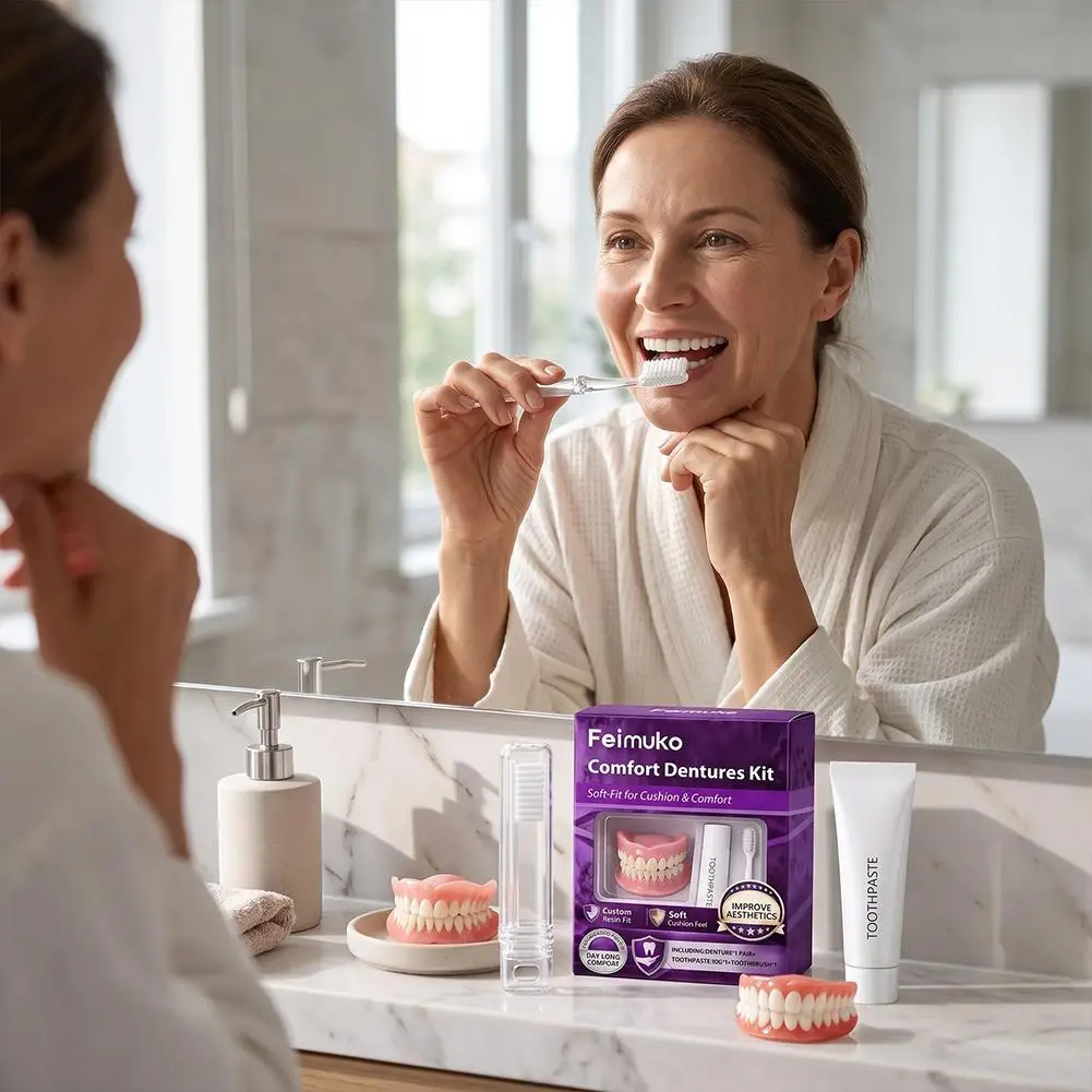 Comfort Dentures Kit Soft Resin Natural Look Upper Lower Dentures With Toothbrush And Toothpaste Oral Beauty Accessories