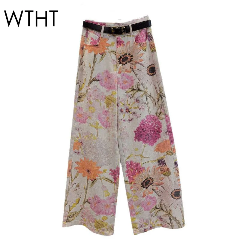

WTHT New Trendy Women's Print Design Denim Wide Leg Pants Fashion Loose High-waisted Straight Jeans Female 2025 Summer 1LS1728